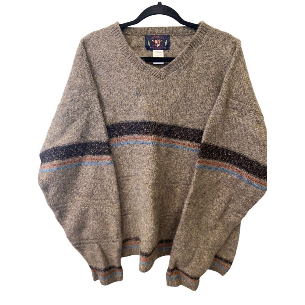 American Portrait V-Neck Stripe Wool Long Sleeve Sweater‎ Brown Men's Size XL